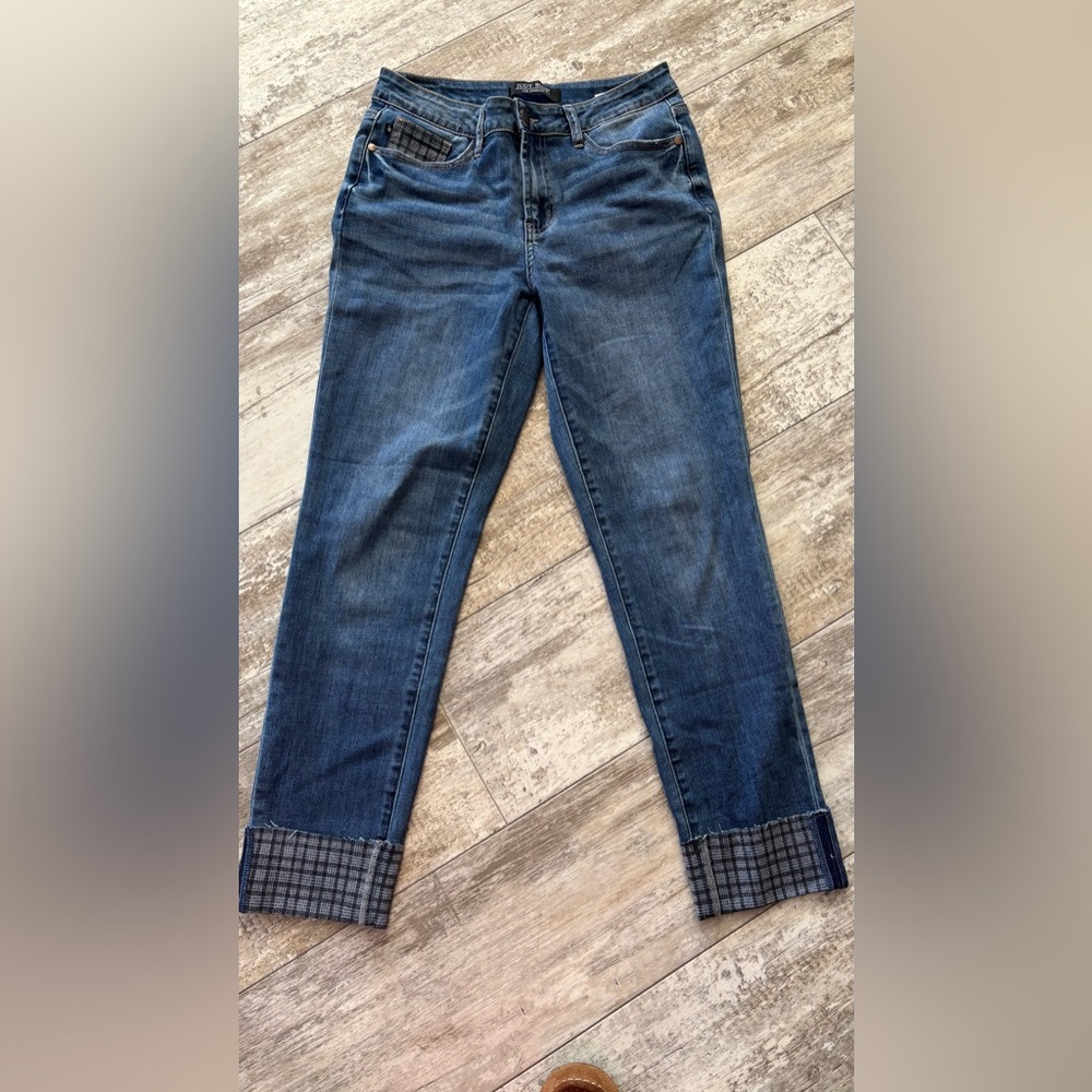 Judy Blue Dark Blue Skinny Jeans with Cuffed Plaid Detail
